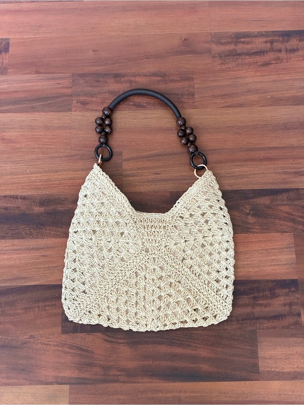 Handwoven Crochet Shoulder Bag in Cream with Beaded Handle